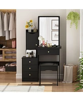 Homsee Black Wood Sliding Big Mirror Makeup Vanity Sets Dresser Table With Cabinet, Storage Shelves, 4-Drawers and Stool