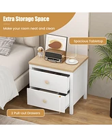 Gymax 2 Pcs Nightstand Farmhouse Side End Table w/ Solid Wood Legs & Drawers