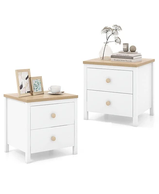 Gymax 2 Pcs Nightstand Farmhouse Side End Table w/ Solid Wood Legs & Drawers