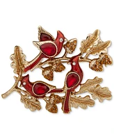 Anne Klein Gold-Tone Stone & Crystal Three Cardinal on Branch Pin