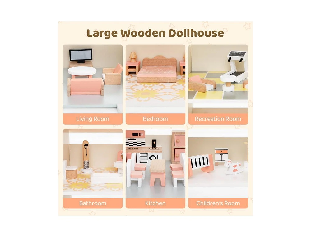 Hongge Wooden Corner Dollhouse Playset with 41 Pieces Accessories for Kids 3+ Years Old