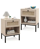 Gymax 2PCS Rattan Nightstand Boho End Table w/ Drawer & Open Shelf for Living Room Oak