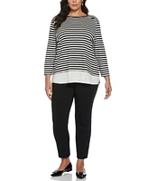 Rafaella Plus Stripe Rivet Detail Layered 3/4 Sleeve Top