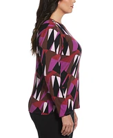 Rafaella Plus Size Geo Print Ribbed Button Detail Long Sleeve Top