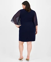 Connected Plus Chiffon Cape-Sleeve Sheath Dress