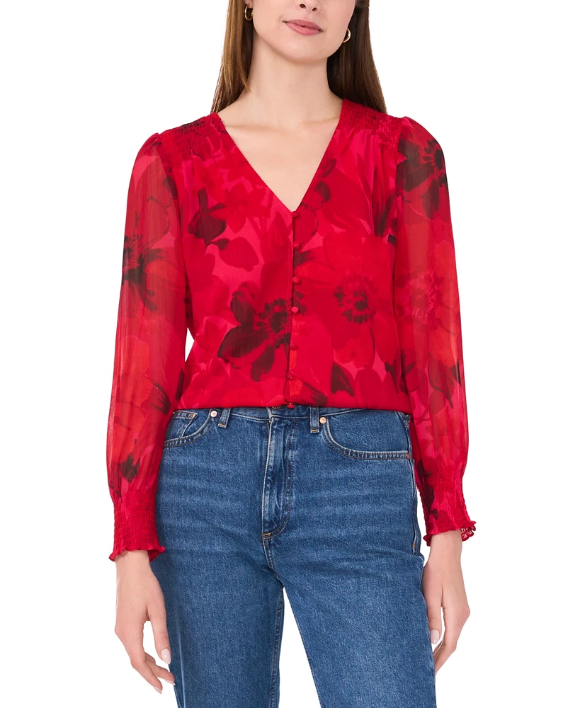 Sam & Jess Women's V-Neck Button-Front Smocked-Shoulder Top