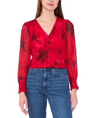 Sam & Jess Women's V-Neck Button-Front Smocked-Shoulder Top