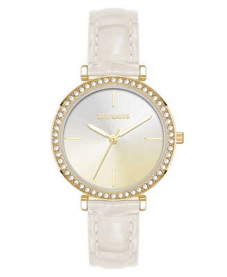 Steve Madden Women's Contemporary White Faux Leather and Gold-Tone Alloy Metal Watch, 35mm - Ivory/White/Gold