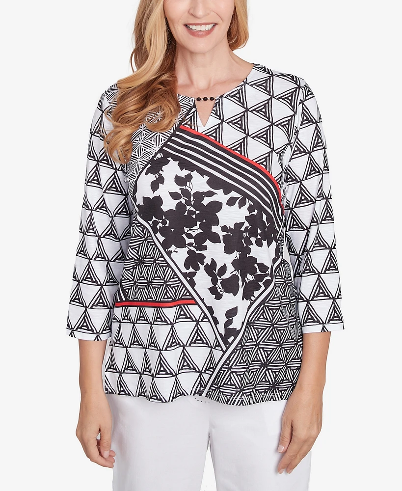 Alfred Dunner Women's Wild at Heart Geometric Multi Textured Patchwork Top