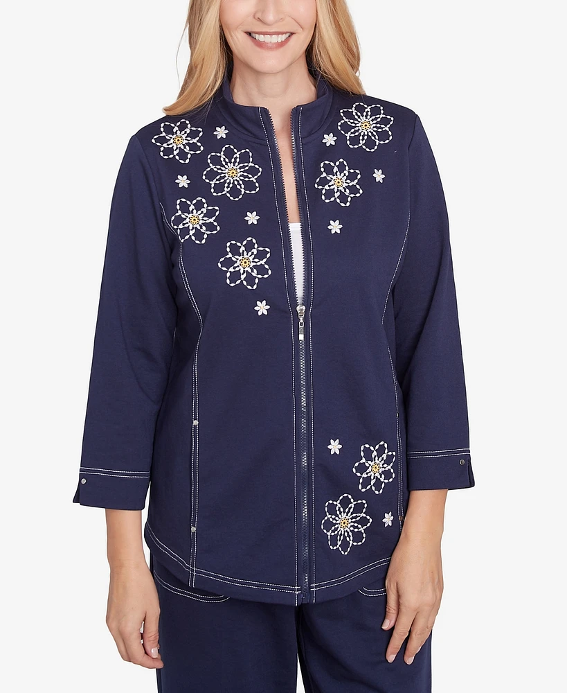 Alfred Dunner Women's Block Island Embroidered Daisy French Terry Jacket