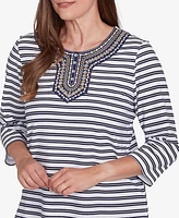 Alfred Dunner Women's Block Island Striped Top with Embroidered Neckline