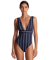 Lauren Ralph Women's Striped V-Neck One-Piece Swimsuit