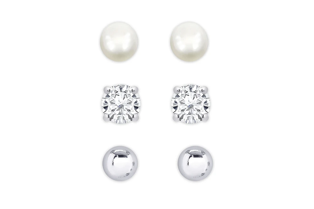 Lily Nily Girls Freshwater Pearl & Cz 3 Pairs Studs Set in Sterling Silver