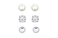 Lily Nily Girls Freshwater Pearl & Cz 3 Pairs Studs Set in Sterling Silver