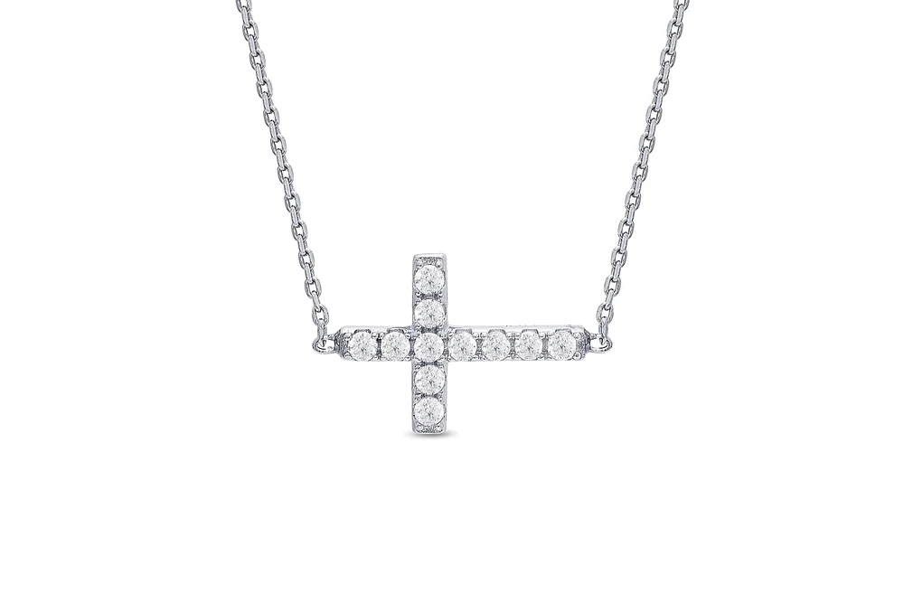 Lily Nily Girls Sideways Cross Cz Necklace in Sterling Silver