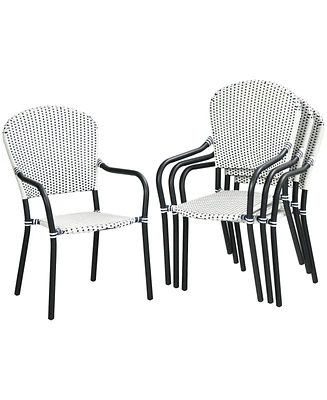 Sugift Set of 4 Patio Rattan Stackable Dining Chair with Armrest for Garden