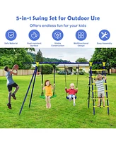 Hongge 5-In-1 Outdoor Kids Swing Set with A-Shaped Metal Frame and Ground Stake