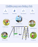 Hongge 5-In-1 Outdoor Kids Swing Set with A-Shaped Metal Frame and Ground Stake