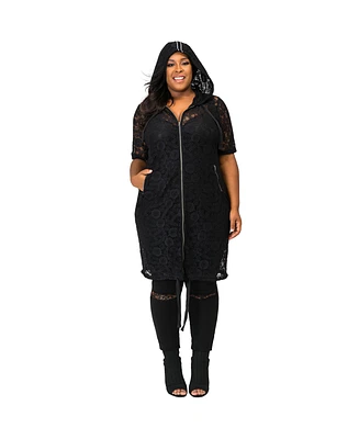 Poetic Justice Plus Curvy-Fit Sheer Lace Zip Up Short Sleeve Hoodie Jacket