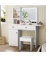 gaomon White Vanity Desk with Led Lighted Mirror & Power Outlet, Makeup Vanity with Drawers & Cabinet & Chair