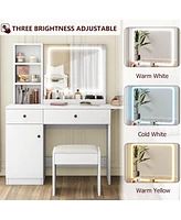 gaomon White Vanity Desk with Led Lighted Mirror & Power Outlet, Makeup Vanity with Drawers & Cabinet & Chair