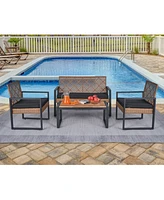 Slickblue 4-Piece Patio Furniture Set, Outdoor Acacia Wood Table with Modern Black & Light Brown Chairs for Balcony