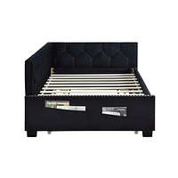 Black Upholstered Twin Size Daybed Bed Frame (Corner Bed) With Trundle, Velvet Fabric, Studding Design, No Box Spring Required, Fits Any Style!