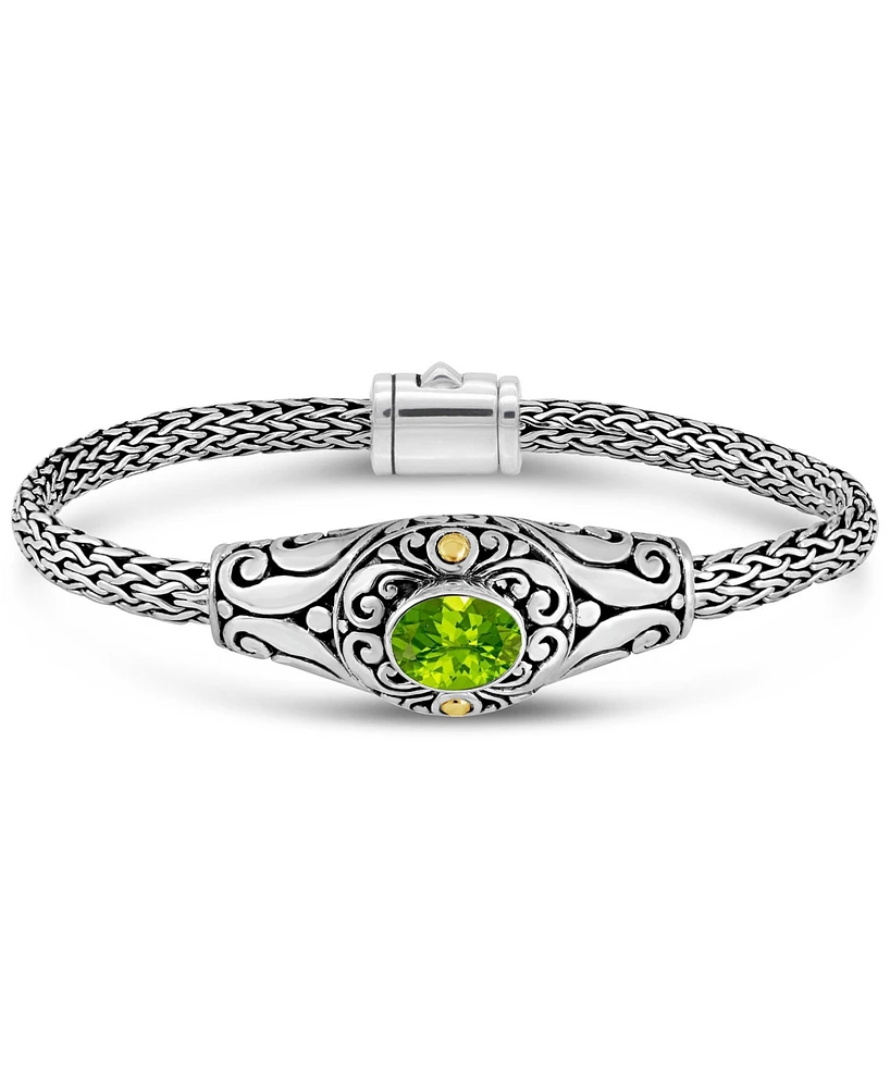 Devata Peridot & Bali with Dragon Bone Chain Bracelet in Sterling Silver and 18K Gold, Medium 7.5 in