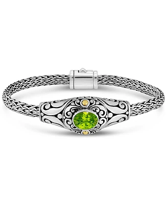 Devata Peridot & Bali with Dragon Bone Chain Bracelet in Sterling Silver and 18K Gold, Medium 7.5 in