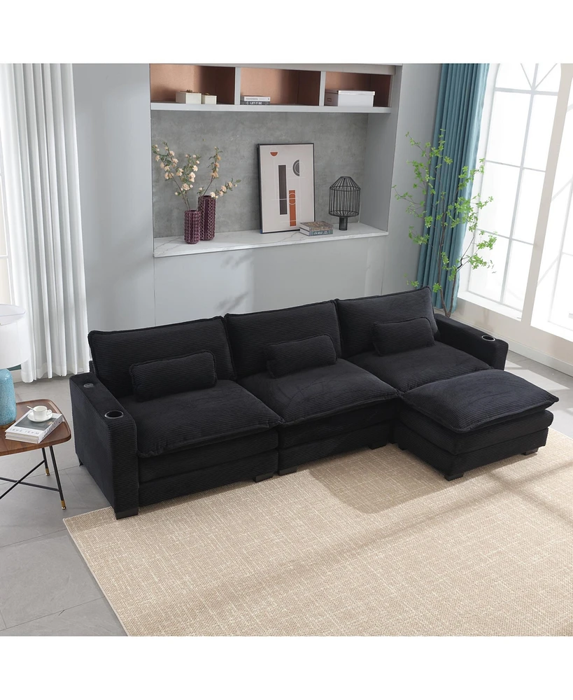 Streamdale Furniture Modular L-Shape Sofa with Ottoman, Usb Port, Cup Holders, Storage, Comfortable 3-Seater