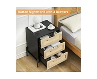 gaomon Rattan Nightstand, Black Nightstand with 3 Natural Rattan Drawers, Boho Mid Century Modern Bedside Table, Stylish End Table, and Functional Sid