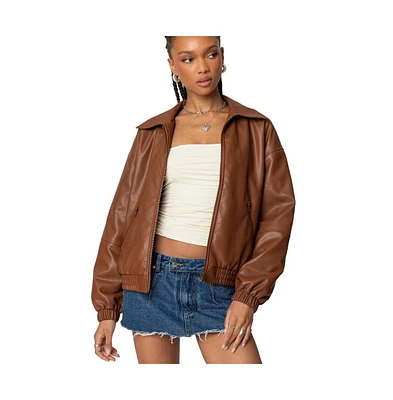 Edikted Womens Halley Faux Leather Bomber Jacket