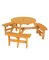 Slickblue 6-Person Outdoor Circular Wooden Picnic Table with 3 Built-In Benches for Family Gatherings