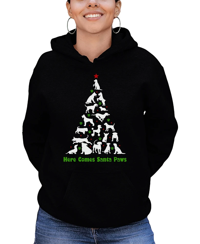 La Pop Art Women's Here Comes Santa Paws Word Hooded Sweatshirt