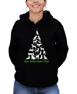 La Pop Art Women's Here Comes Santa Paws Word Hooded Sweatshirt