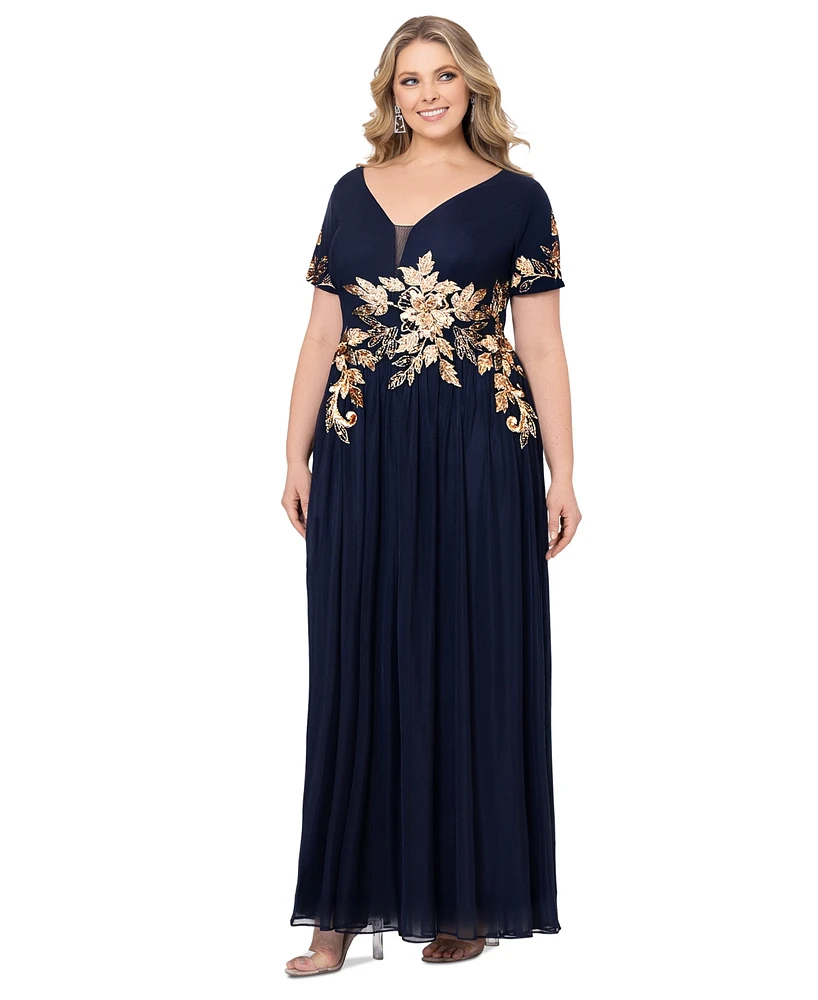 Betsy & Adam Plus Size V-Neck Short-Sleeve Gown