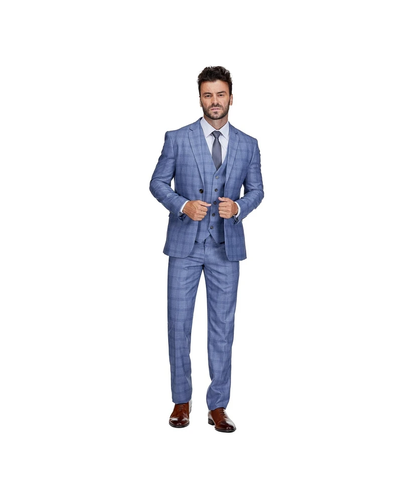 Gino Vitale Men's Slim Fit 3-Piece Light Blue Checked Plaid Suit