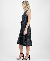 Anne Klein Women's Dot-Print Tie-Front Pleated Sleeveless Midi Dress