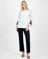 Anne Klein Women's Embroidered Bell-Sleeve Boat-Neck Tunic Top