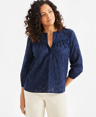 Style & Co Women's Textured Cotton Split-Neck Shirt, Exclusively at Macy's