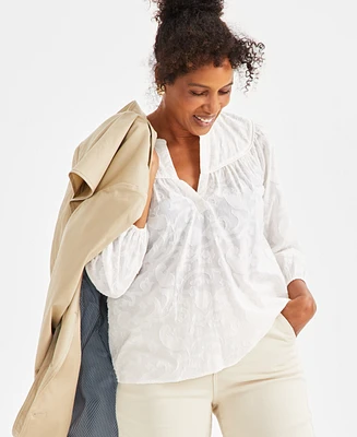 Style & Co Women's Textured Cotton Split-Neck Shirt, Exclusively at Macy's