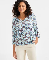 Style & Co Women's Printed 3/4-Sleeve Ruffle Sleeve Top, Exclusively at Macy's