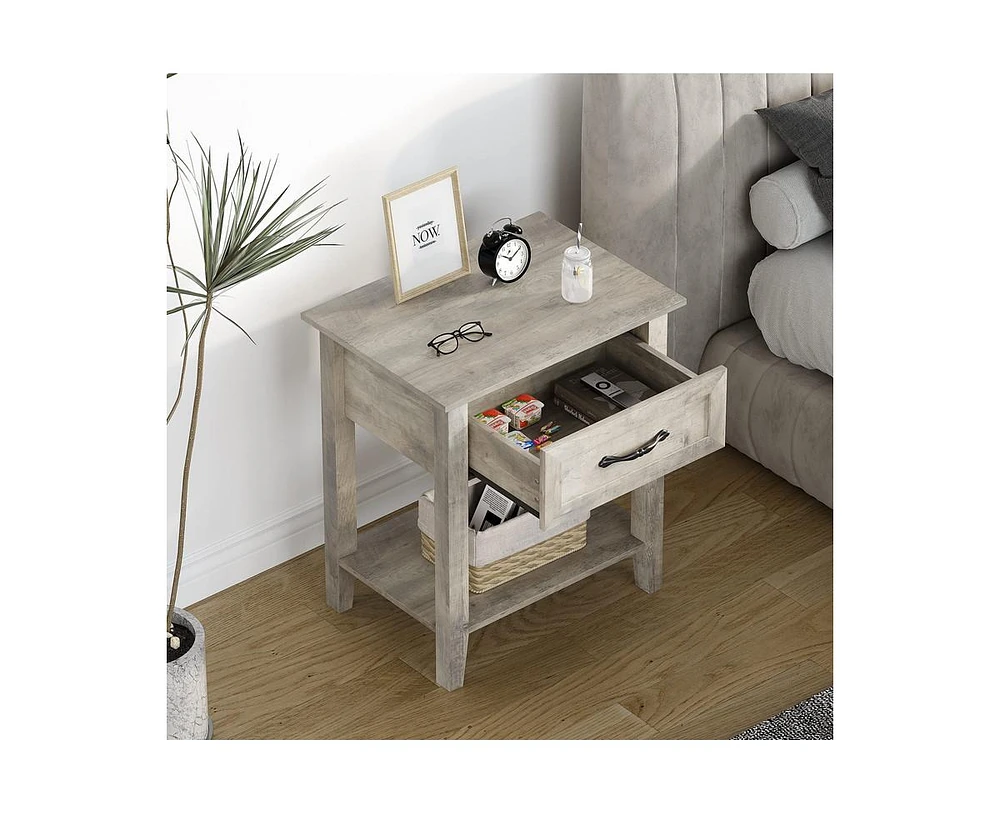 gaomon Grey Nightstands Set of 2, End Table with Drawer, Side Table for Spaces, 2 Tiers Storage Shelves with Dresser, Bedside Table for Living Room, B