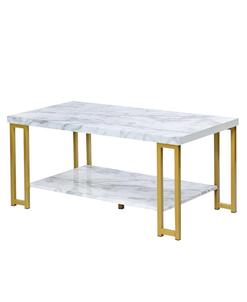 Gymax Modern Coffee Table Faux Marble Top Accent Cocktail Table w/ Gold Metal Frame