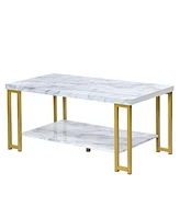 Gymax Modern Coffee Table Faux Marble Top Accent Cocktail Table w/ Gold Metal Frame