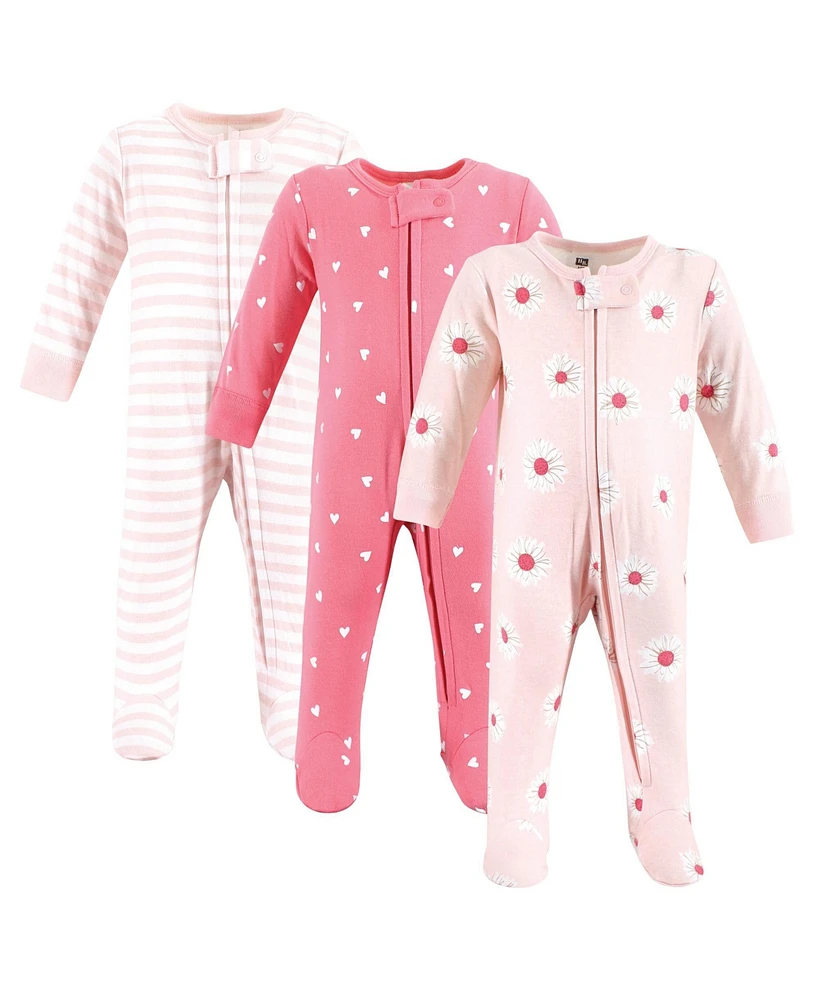 Hudson Baby Girls Cotton Sleep and Play, Pink Daisy Heart, 0-3 Months