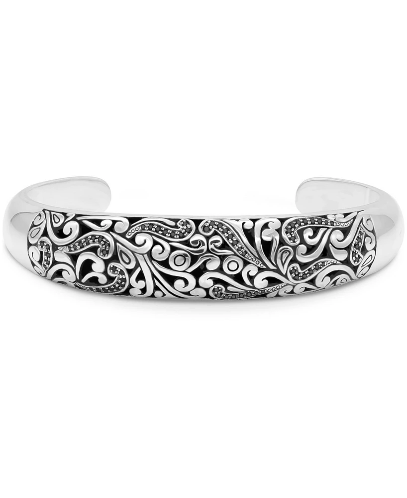 Devata Black Spinel & Bali Filigree Cuff Bracelet in Sterling Silver, Medium