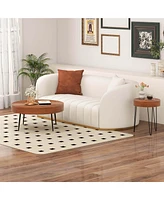 Costway Farmhouse Round CoffeeTable Set of 2 End Table Natural Finish for Living Room
