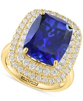 Effy Cushion-Cut Lab Grown Blue Sapphire (6-5/8 ct. t.w.) & Lab Grown Diamond (1-1/10 ct. t.w.) Double Halo Ring in 14k Yellow Gold