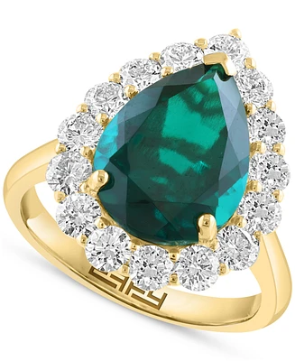 Effy Pear-Shape Lab Grown Emerald (4-1/5 ct. t.w.) & Lab Grown Diamond (1-1/3 ct. t.w.) Halo Ring in 14k Yellow Gold